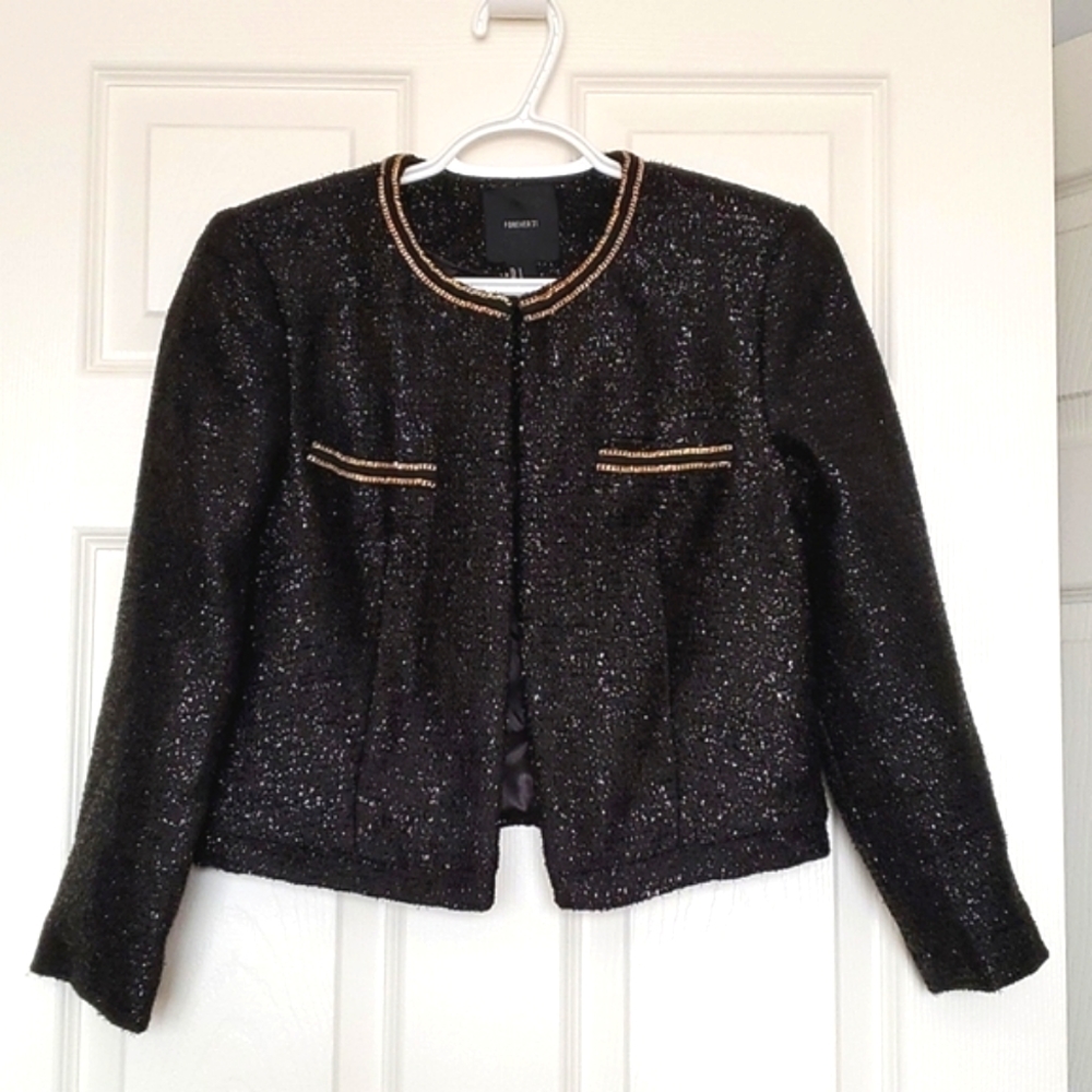 Forever 21 black shimmer fabric cropped jacket blazer Small gold chain details